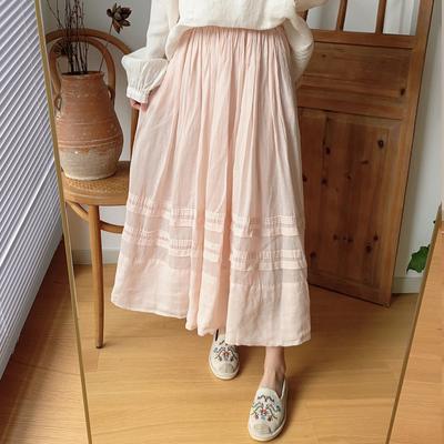 Vintage Ramie Patchwork Women Skirts Spring Mori Elastic Waist Solid Color Female Skirts