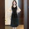 Autumn V-neck Velvet Patchwork Lantern Sleeve Floor-length Cinched Waist Retro Hepburn Dress