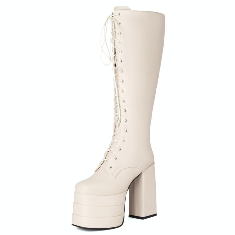 Sexy Punk Knee High Boots Platform Gothic Black High Heels Winter Boot Leather Lace Up Stripper Fetish Shoes Ladies Big Size 45