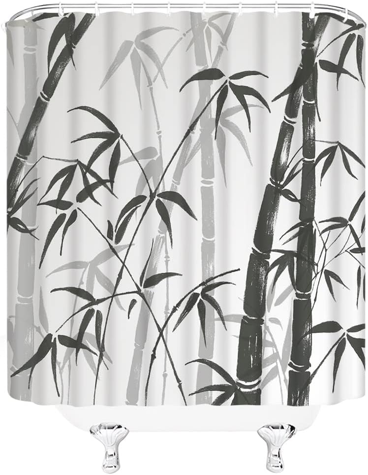 Black And White Ink Bamboo Forest Pattern Waterproof Shower Curtain 180X200Cm - Zen Style Bath Curtain For Spa Decor