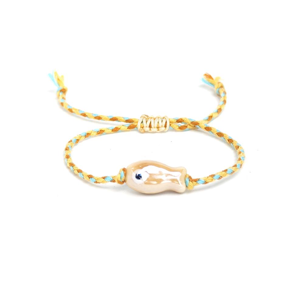 Vlen Adjustable Summer Beach Bracelet Ceramic Fish Charm Boho Style Colorful Rope Braided Handmade Jewelry Gift for Women