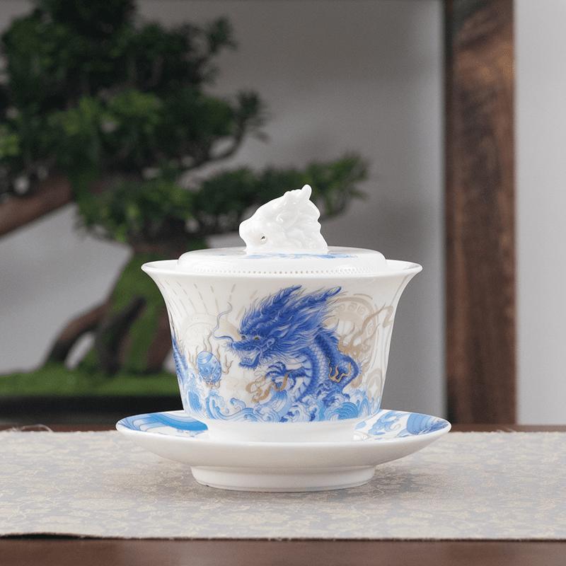 

Китайський Блакитний Дракон Білий Нефрит Жирного Барану Порцеляновий Гайвань 360° Розпис Водою Високоякісна Ретро Чашка для Чаю Чайниця Чайний обряд 200ml