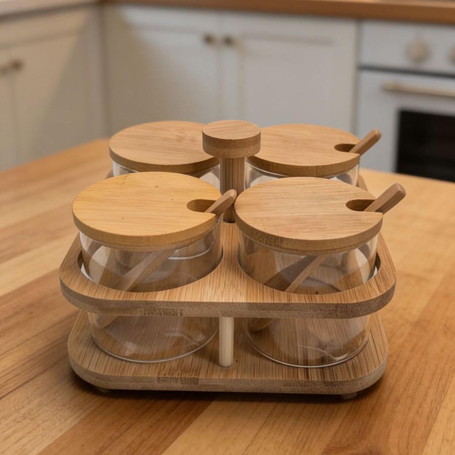 360° Rotating Seasoning Rack with Bamboo Lid and Base Tray, High Borosilicate Glass Storage Jars