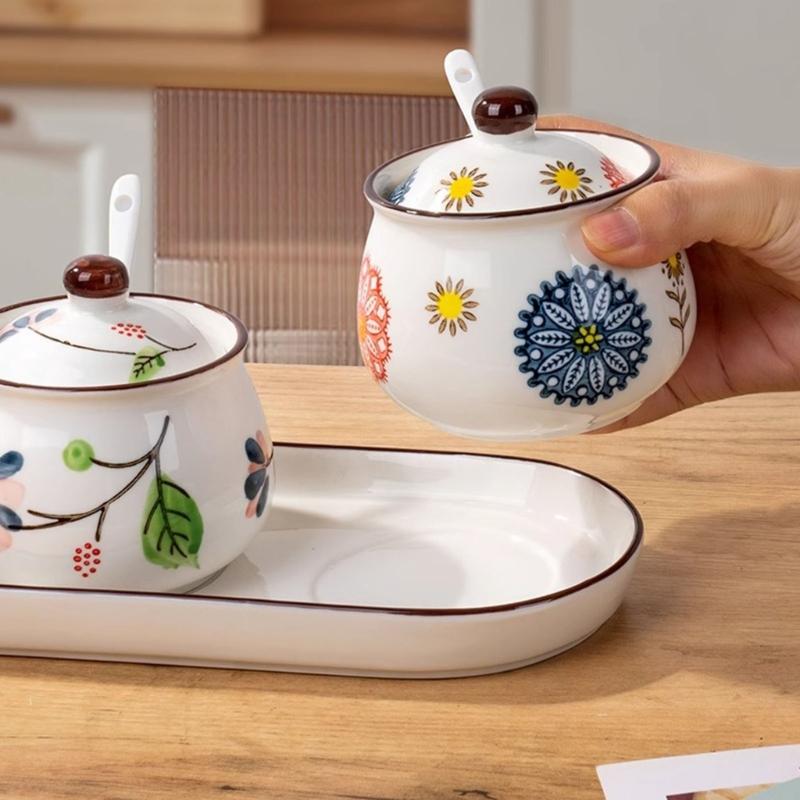 4 Piece Ceramic Spices Container Set Includes Decorative Tray Durable Kitchens Organizers for Spices Condiments