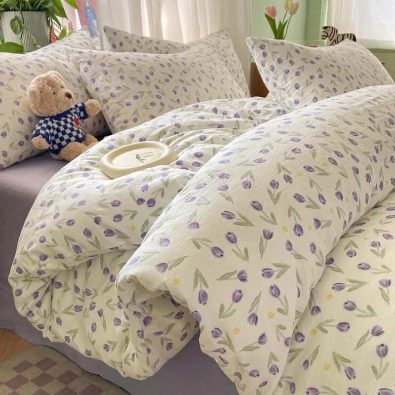

Ins Style Double-Layer Yarn Bedding Set Small Floral Print Super Soft Duvet Cover Kits Single Bed Bedclothes for All Seasons 1.2m-150x200cm 3pcs