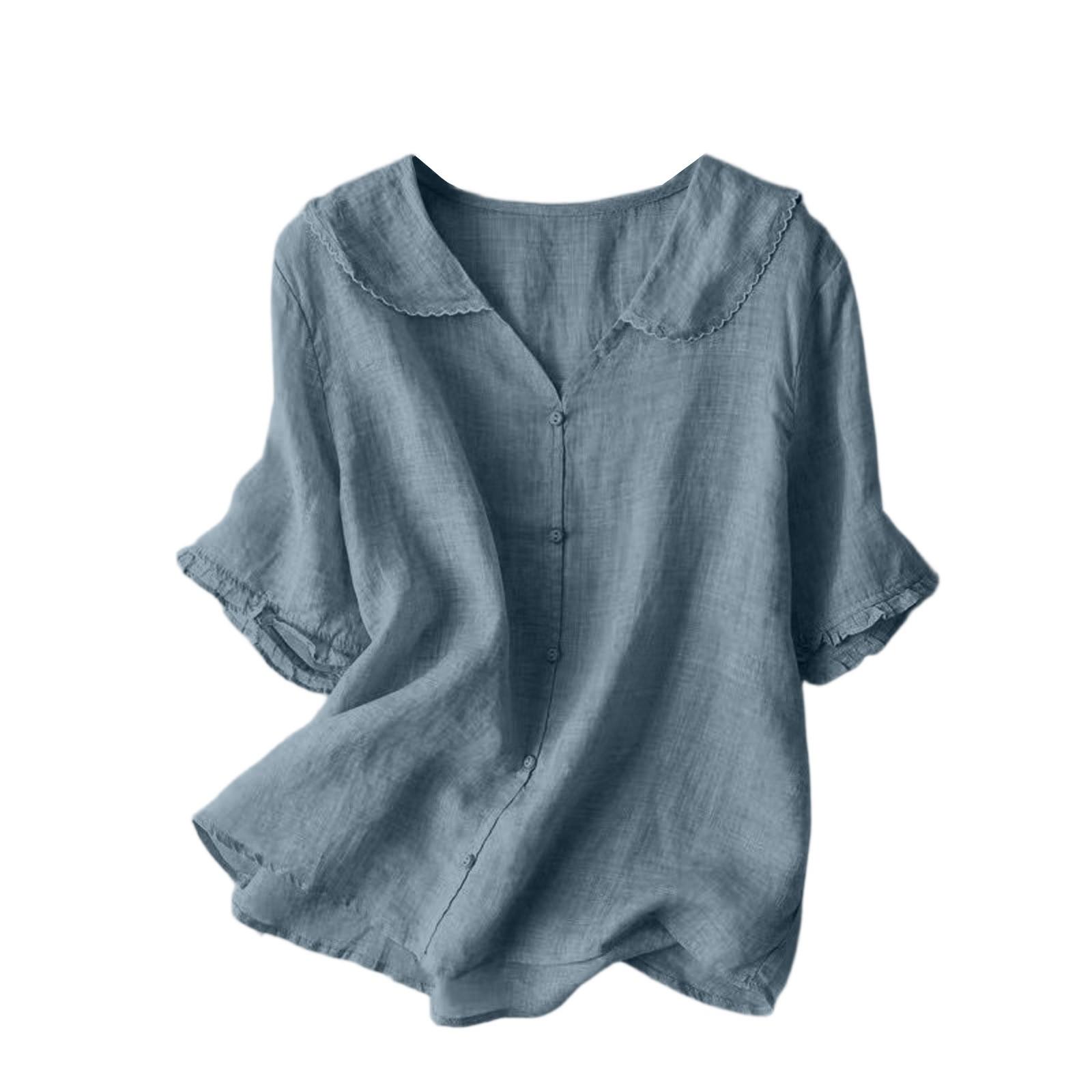 

Women s Solid Color Cotton Linen Short Sleeved Retro Breathable T-Shirt With Doll Neck Loose Top M синий