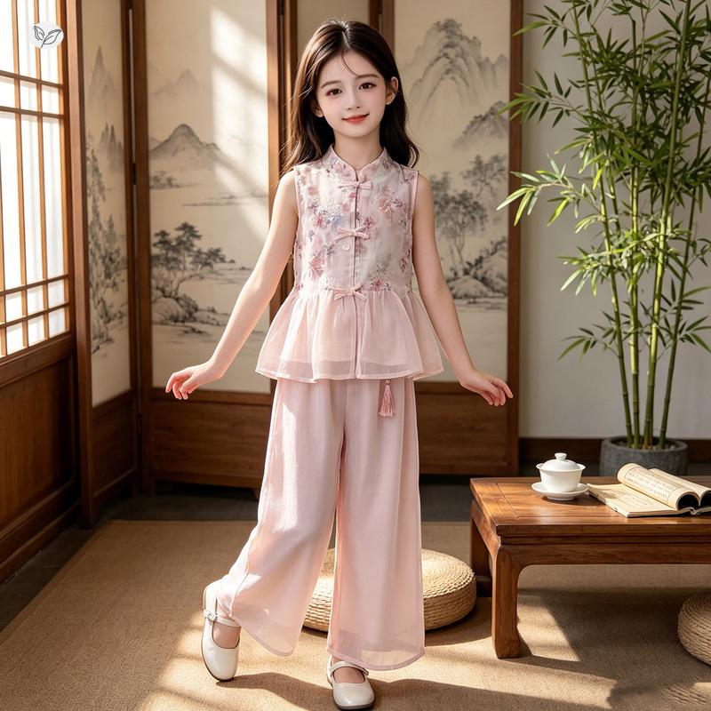 Girls' Summer Hanfu Sleeveless Top & Wide-Leg Pants Set