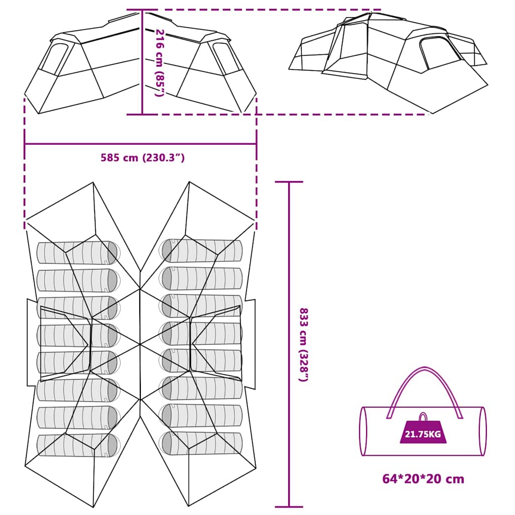 Family Tent with Roof and Storage Green 833 x 585 x 216 cm Taffeta
