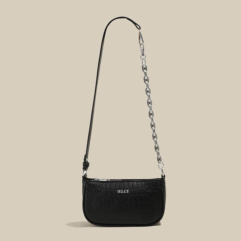 IELGY Elegant Women's Top-handle Bag With Chain Decoration And Crocodile Pattern - Black/White