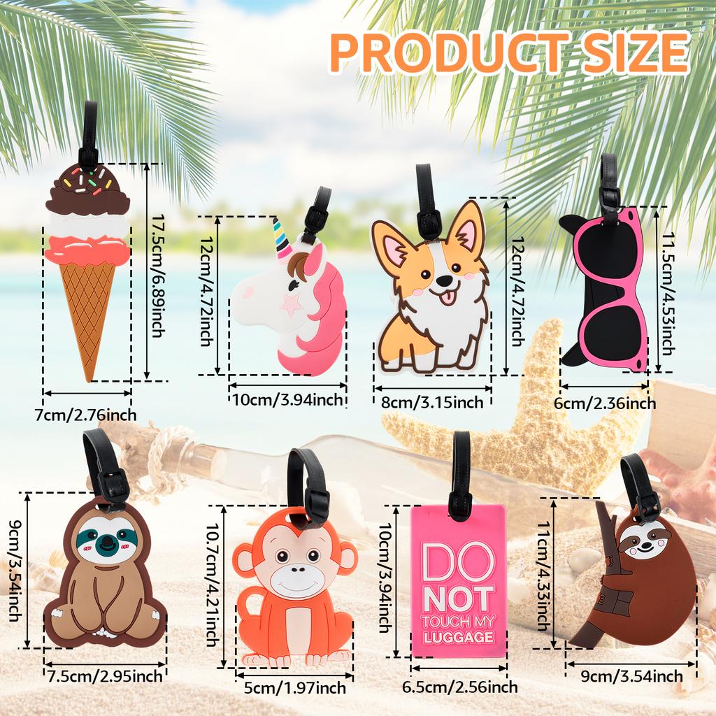 8Pcs Cartoon Luggage Tags Suitcase Identify Labels PVC Travel Baggage Tags with Adjustable Strap for Suitcases Travel Bag Decor