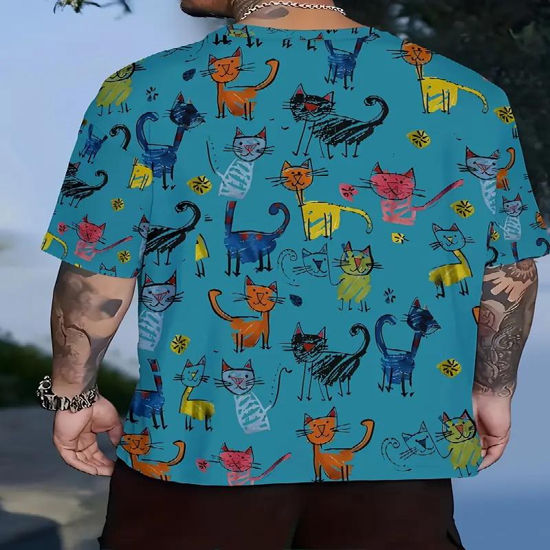 Men's Colorful Cat Pattern T-shirt Casual Polyester Fiber Round Neck Short Sleeved Suitable for Comfortable Outdoor and Daily Life In Summer