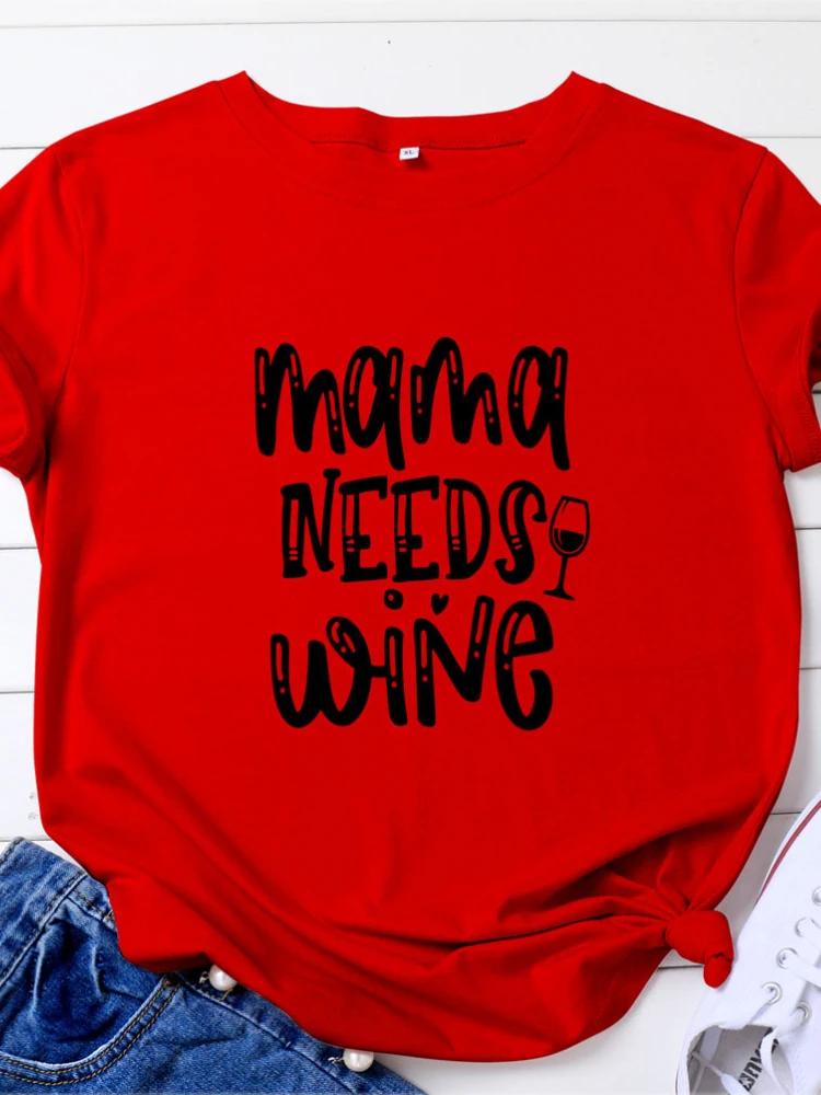 MAMA BRAUCHT WEIN Buchstabenaufdruck T-Shirt Damen Kurzarm Rundhals Lockeres T-Shirt Sommer Damen T-Shirt Tops Camisetas Mujer