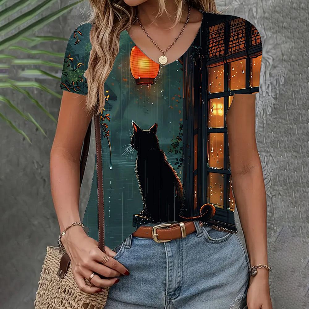 Women's T-shirt Casual Loose  Clothing Cat Pattern Top Summer New Fashion V-neck
