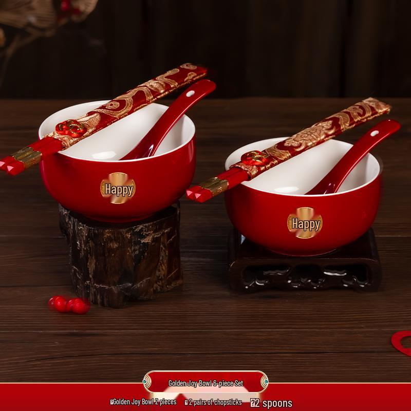 Festive Red Wedding Tea Set: Lidded Bowls, Tea Cups, and Chopsticks