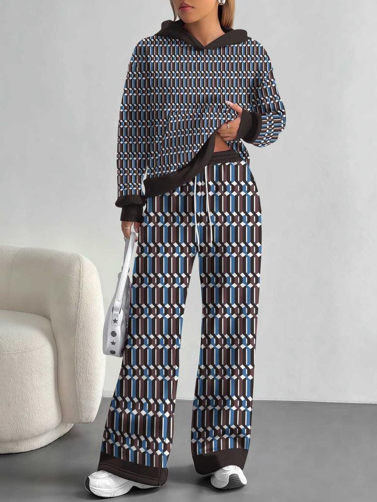 Square Splicing European, American Autumn and Winter Casual Long-sleeved Suit Women's Hooded Sweater Trousers Two-piece Set