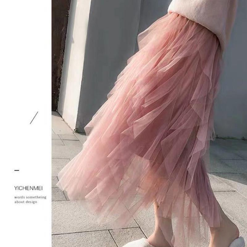 Tulle Skirt Women Long Mesh Skirt Spring Summer Black Pink Net Yarn High Waist Pleated Skirt Female