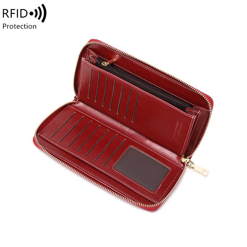 New anti-theft brush women's wallet oil wax leather long zipper wallet large capacity clutch