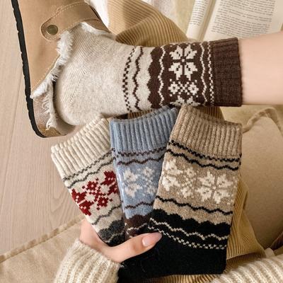 Damen-Wadenstrümpfe, Verdickte und Fleece-Warme Wollsocken für Herbst und Winter, Retro-Damensocken, Schneeflocken-Langsocken