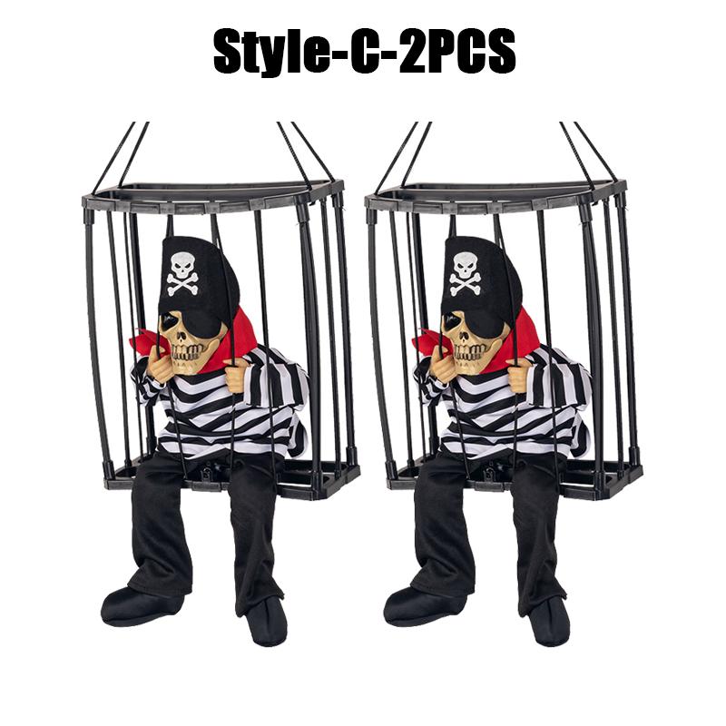 Halloween Prisoner Ghost In Cage Scary Skull Prop Skeleton Electric Toy Glowing Eye Sound Doll Hangable Talking Ghost Decoration
