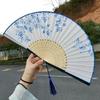 Chinese Style Folding Fan for Men, Portable, Retro Style, Classical, Traditional Hanfu, Black and Green, Bamboo Design