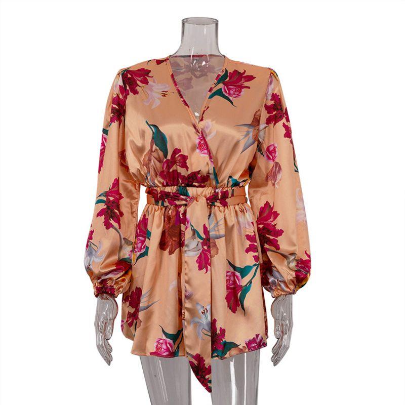 European and American Print Jumpsuit Women High Sense Drape V-neck Lace-up Waist Hugging Long sleeve Jumpsuit Shorts