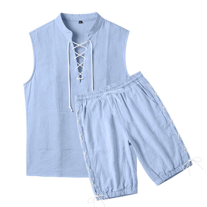 Men's Linen Plus Size Sleeveless Stand Collar Jogger Shorts Set with Drawstring