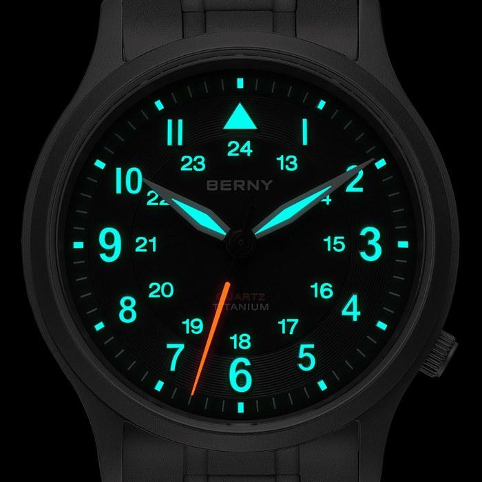BERNY Titanium Watch Men's Titanium Watch Japan VH31 Sweep Second Quartz Movement 5ATM Water Resistant Super-Luminova Black