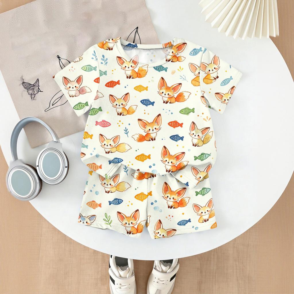 Kids Casual Short Sleeve Shirt and Shorts Set Animal Print Two Piece Outfit Lightweight Breathable Soft Fabric Summer Clothes for Children