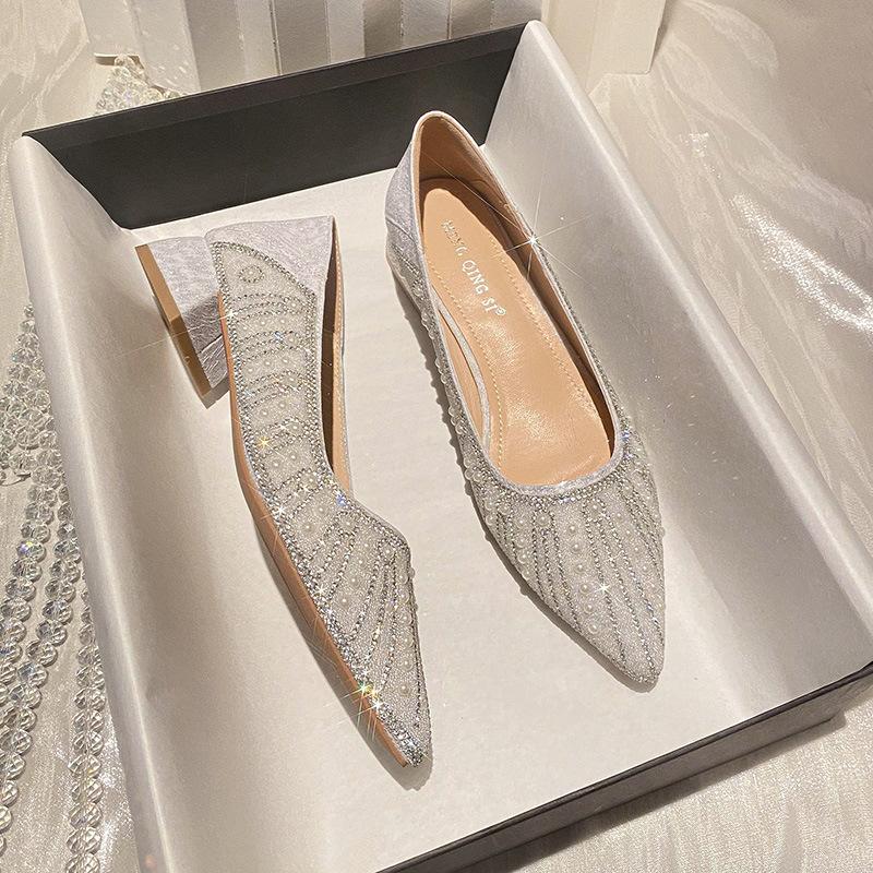 Gruby obcas pojedyncze buty damskie nowe płytkie usta cyrkonie szpiczaste wysokie obcasy mały rozmiar 313233