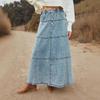 Bohemian A-line Layered Patchwork Denim Midi Skirt for Women