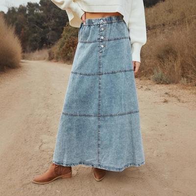 Boho midi sukně s áčkovým střihem, vrstvená, patchwork, džínová, pro ženy