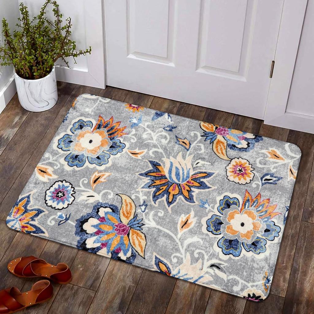 Lahome Floral Washable Living Room Area Rug - 3x5 Non-Slip Low-Pile Rugs for Entryway, Throw Small Stain Resistant Kitchen Rugs