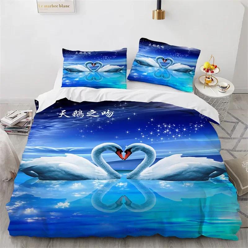Couple Swan Duvet Cover King Queen For Girls Teen Room Decor Microfiber Romantic Flower Bedding Set Wild Animals Comforter Cover