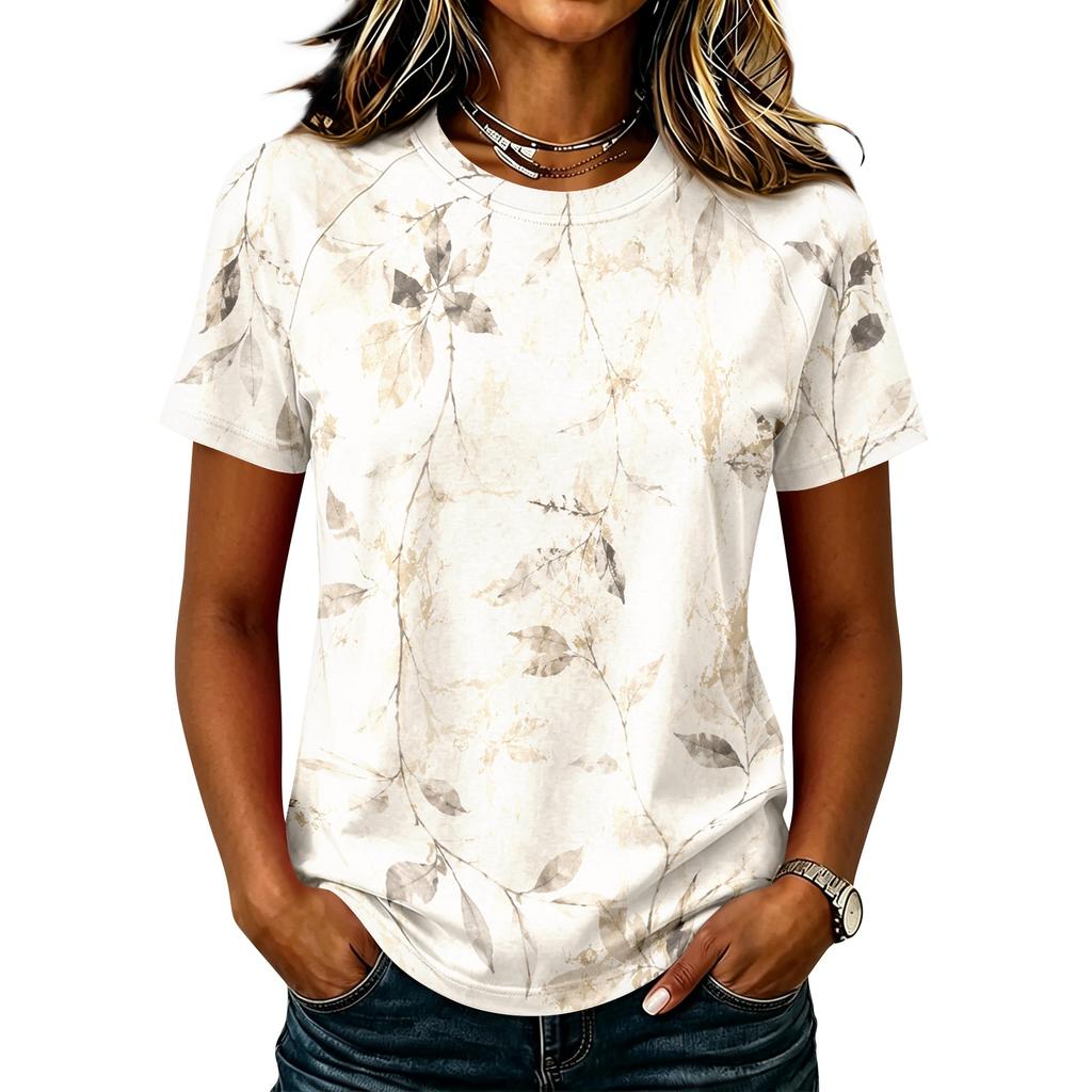 Womens Casual Raglan Sleeve Crew Neck Short Sleeve Top Floral Print Lightweight Comfortable Fit