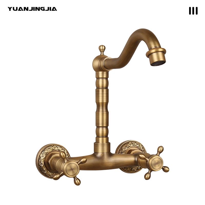 Retro French Copper Wall-Mounted Double Handle Faucet for Kitchen and Balcony.