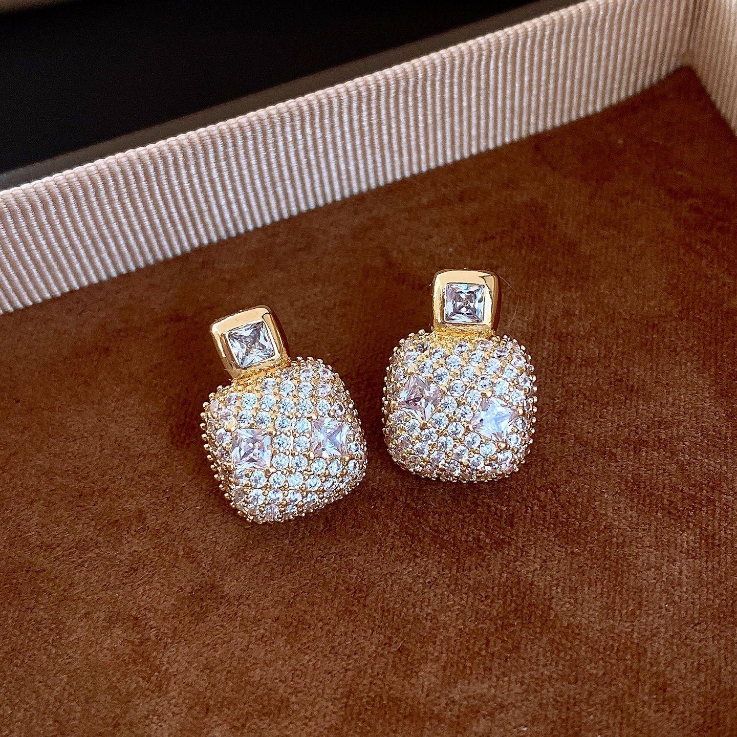 18k real gold electroplated silver needle zircon square stud earrings temperament simple versatile earrings earrings women