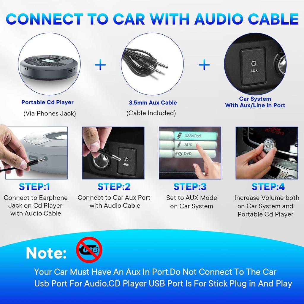 Φορητό CD Player για Αυτοκίνητο με Διπλά Στερεοφωνικά Ηχεία και Προστασία Anti-Skip, Φορητό CD Player Επαναφορτιζόμενο με Ακουστικά