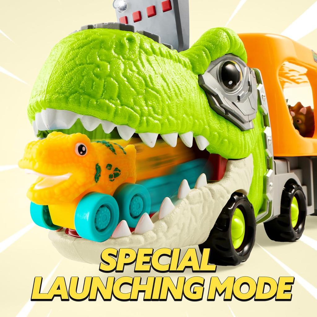 JOYFY Dinosaurier-LKW Spielzeugauto-Transporter-LKW Spielzeug mit 6 Gummiauto-Fahrzeugen für Kleinkinder 3-8 Jahre Geburtstags-Weihnachtsgeschenke