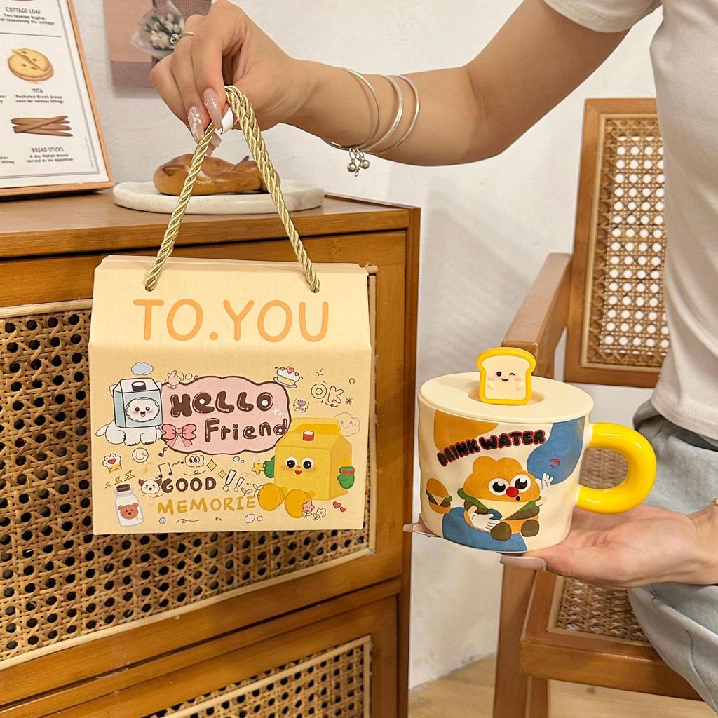 Cute Ceramic Cup Household Mug with Lid Spoon Cartoon Water Cup Female Student Dormitory Breakfast Milk Coffee Cup