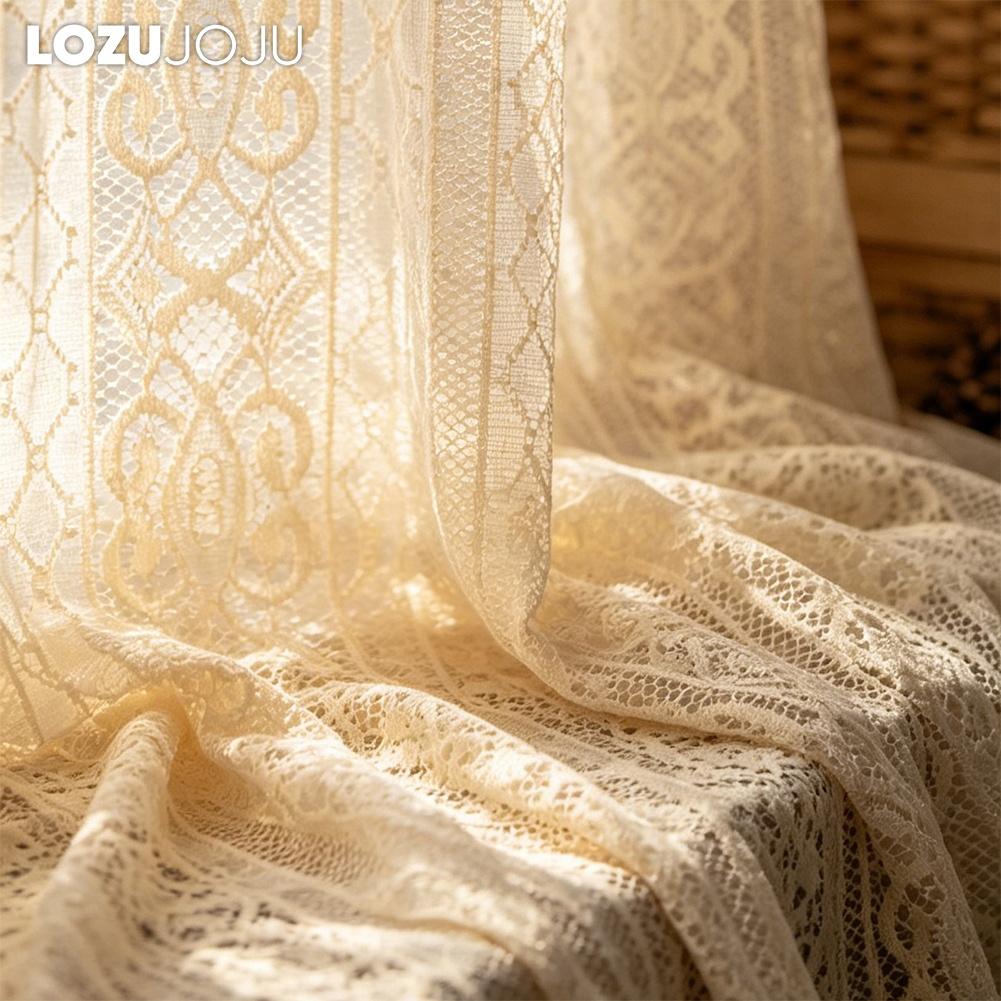 1PC LOZUJOJU Bohemian Hollow Lace Curtain Beige Retro Translucent Sheer Curtain Wimdow Tulle for Living Room Bedroom Home Decor