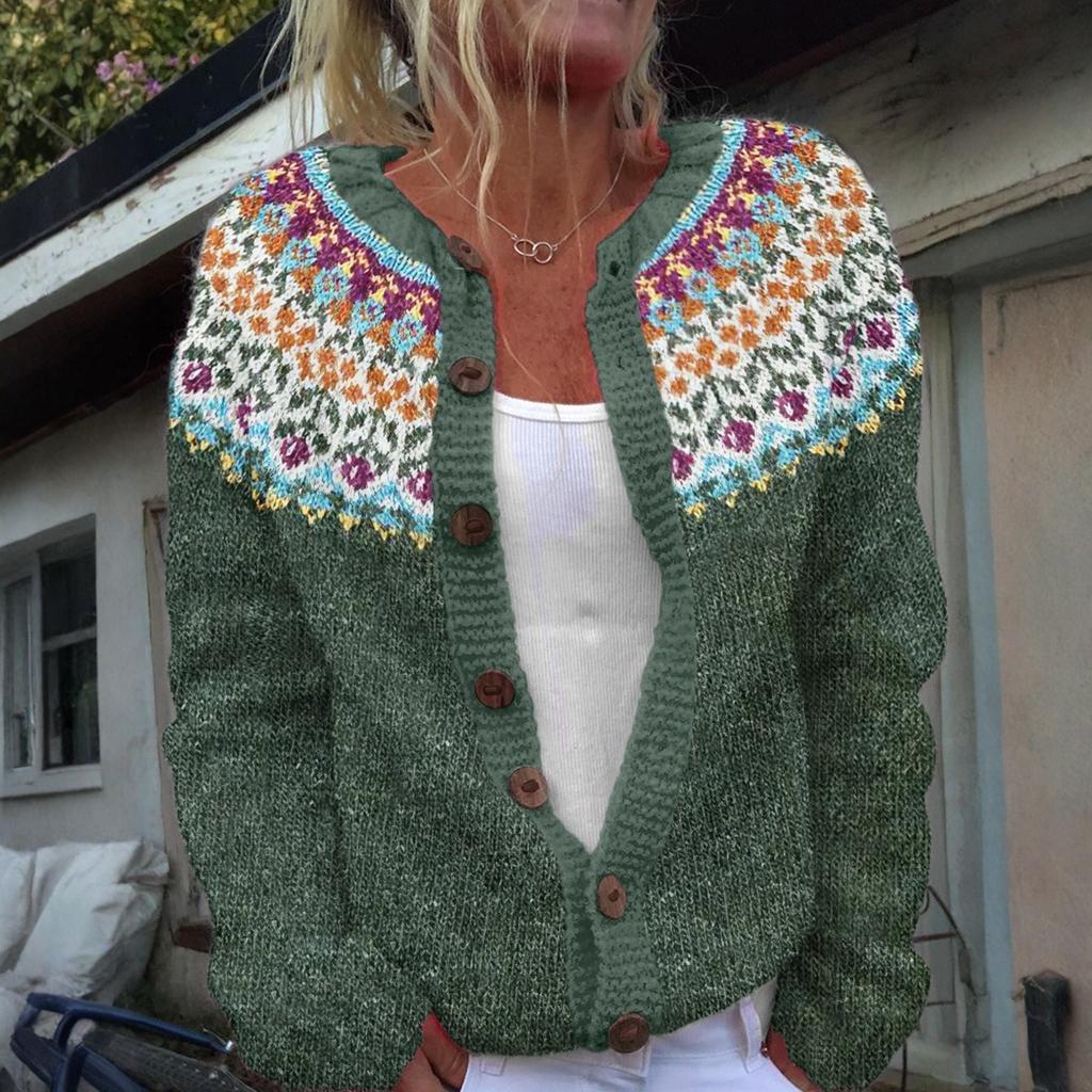 Swetry kardigan Fair Isle dla kobiet z okrągłym dekoltem, o luźnym kroju, zapinane na guziki, gruby sweter, otwarty przód, casualowa jesienna dzianinowa kurtka