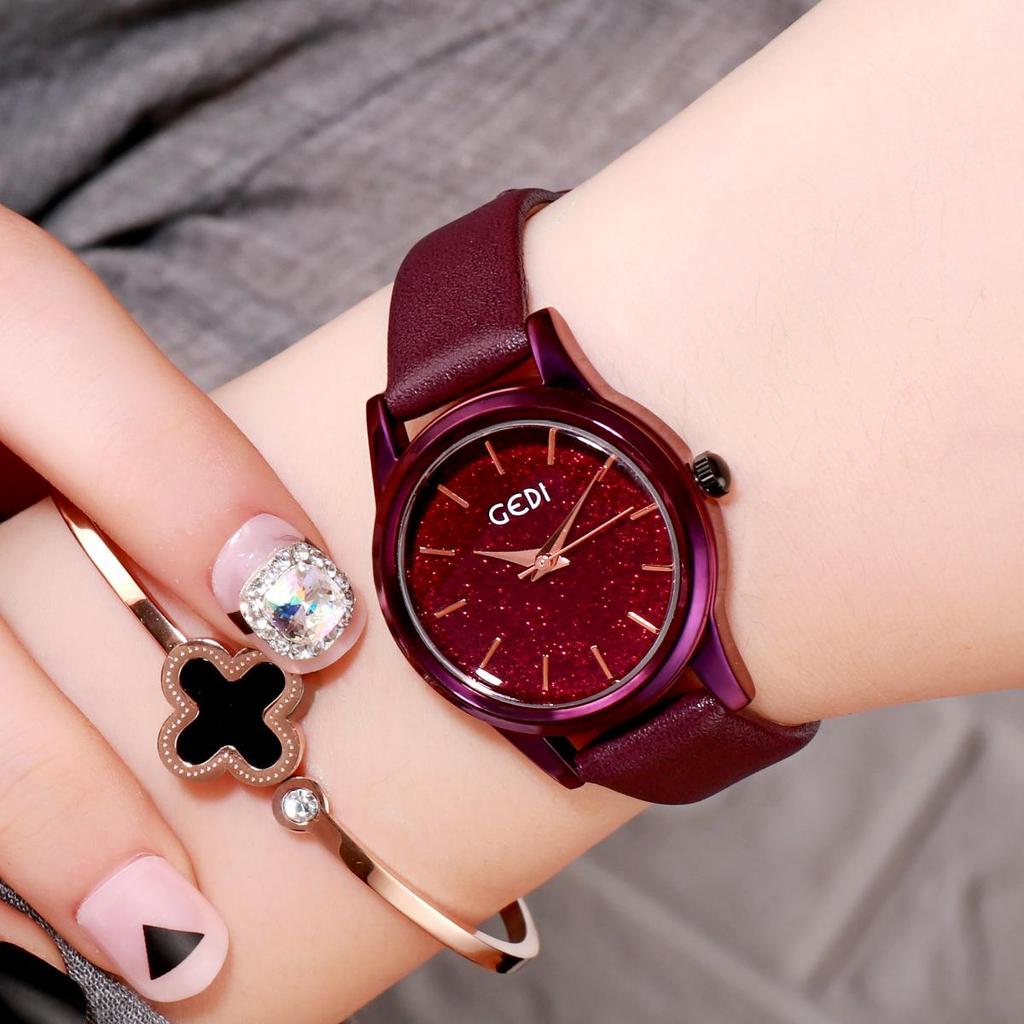 Gedi Fashion Glitter Women's High-End Waterproof Quartz Watch with Leather Strap