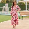 Women's Floral Print V-Neck Long Sleeve Dress with Pleated Skirt and Cinched Waist