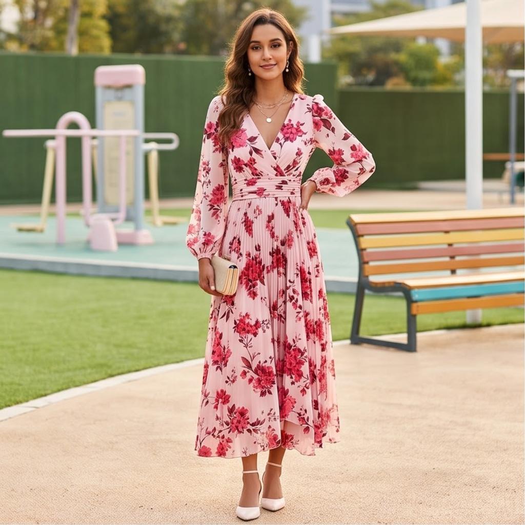 Women's Floral Print V-Neck Long Sleeve Dress with Pleated Skirt and Cinched Waist