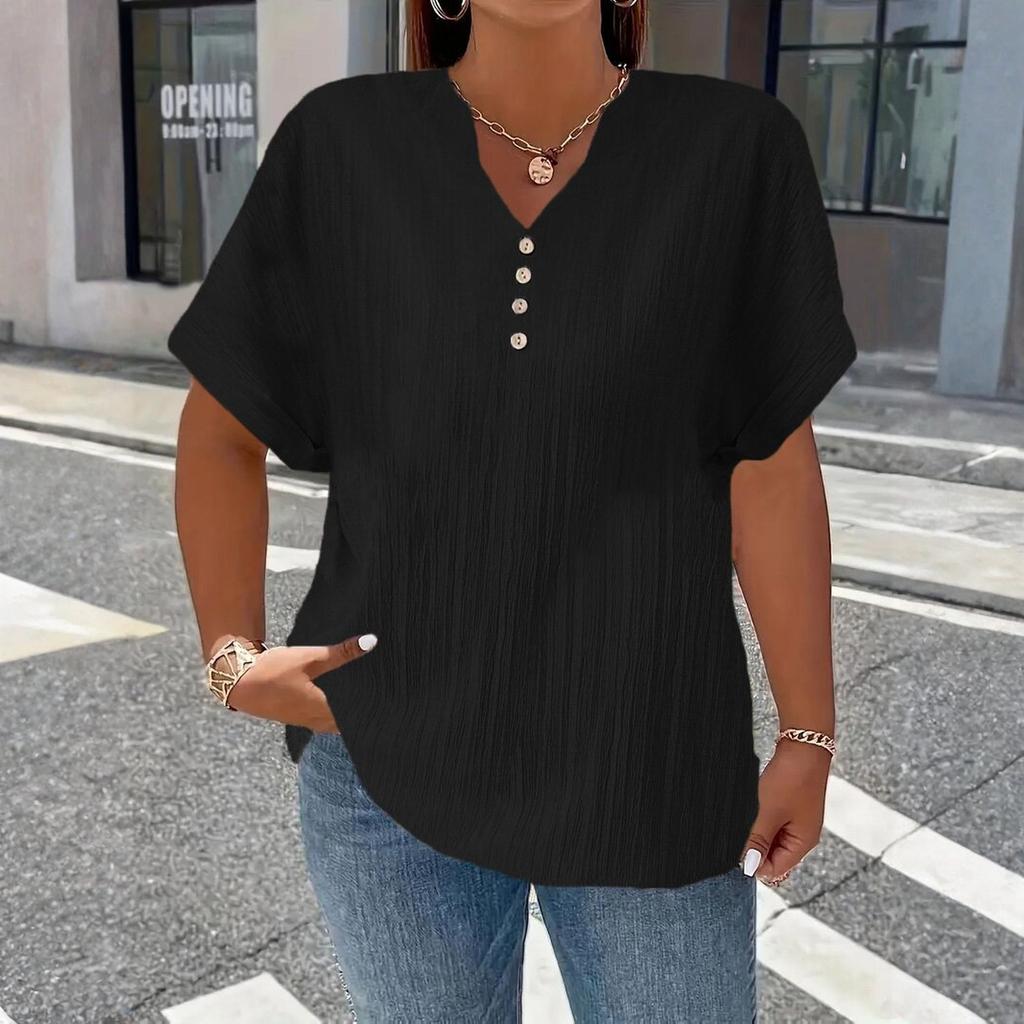 Women's Fashionable Casual Solid Color Button V-Neck T-Shirt Top