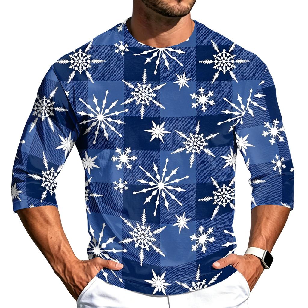 Men's Casual Neck Three-Quarter Sleeve Christmas Print T-Shirt for Holiday Festive Wear