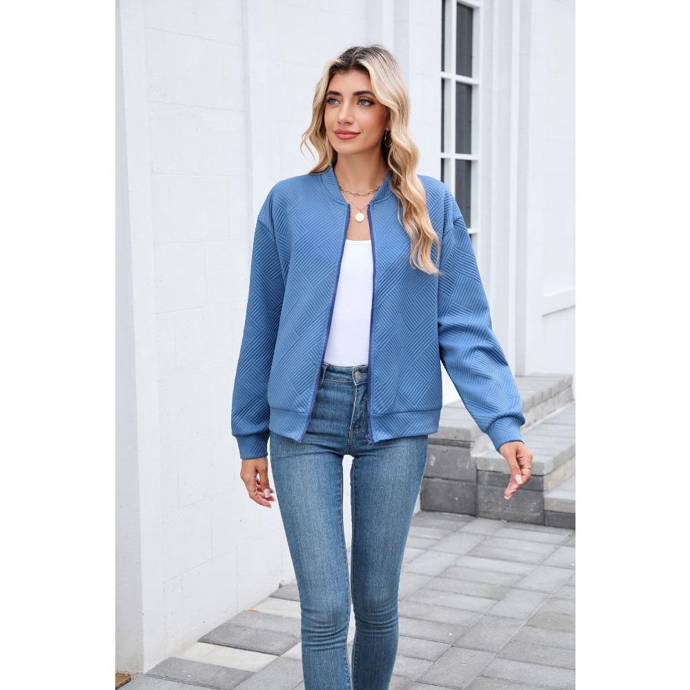 Women's Long-Sleeve Jacket Fall/Winter Solid Color Crew Neck Zipper Loose-Fit Long-Sleeve Sweatshirt Women's Baseball Jacket