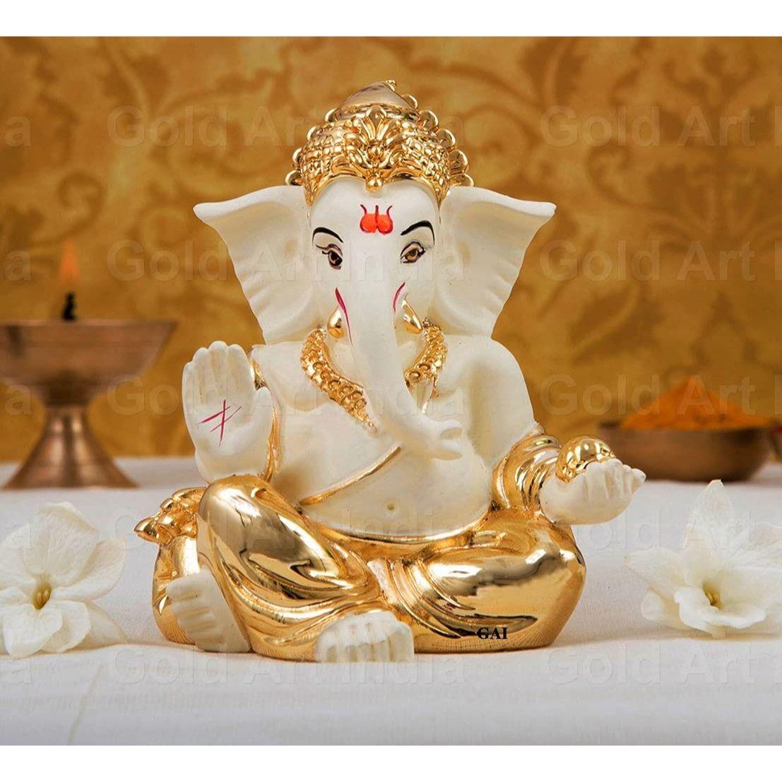 

Poly Resin Golden Off White Ganesh Idol for Car Dashboard Small Ganesha Murti Ganpati Idol for Home Decor Puja Lord Ganesh Statue Gift 3.5 Inch