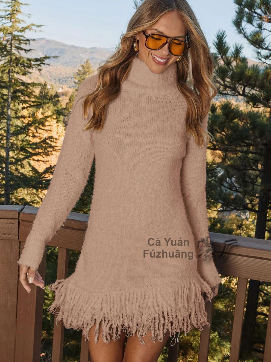 

Autumn Handmade Fringe Fashion Dress New Arrivals Knit Sweater High Neck Pullover Women XL хакі