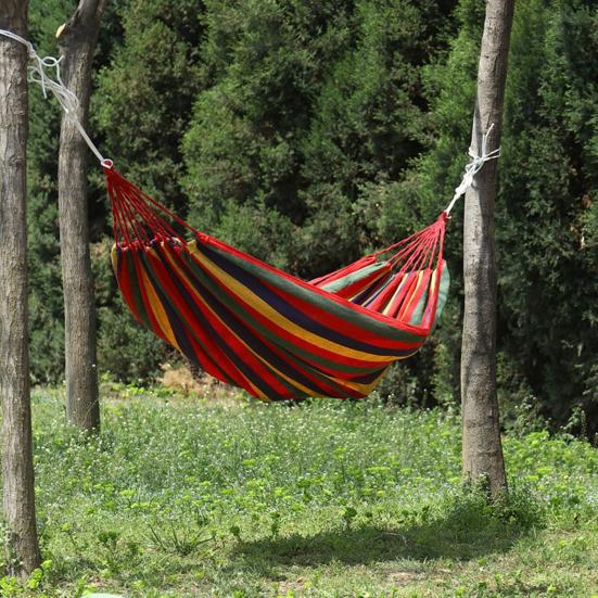 Outdoor Striped Hammock with Rope Bag, Portable Canvas Single Person Hammock, Tree Hanging Hammock for Camping Garden Patio Backyard Porch